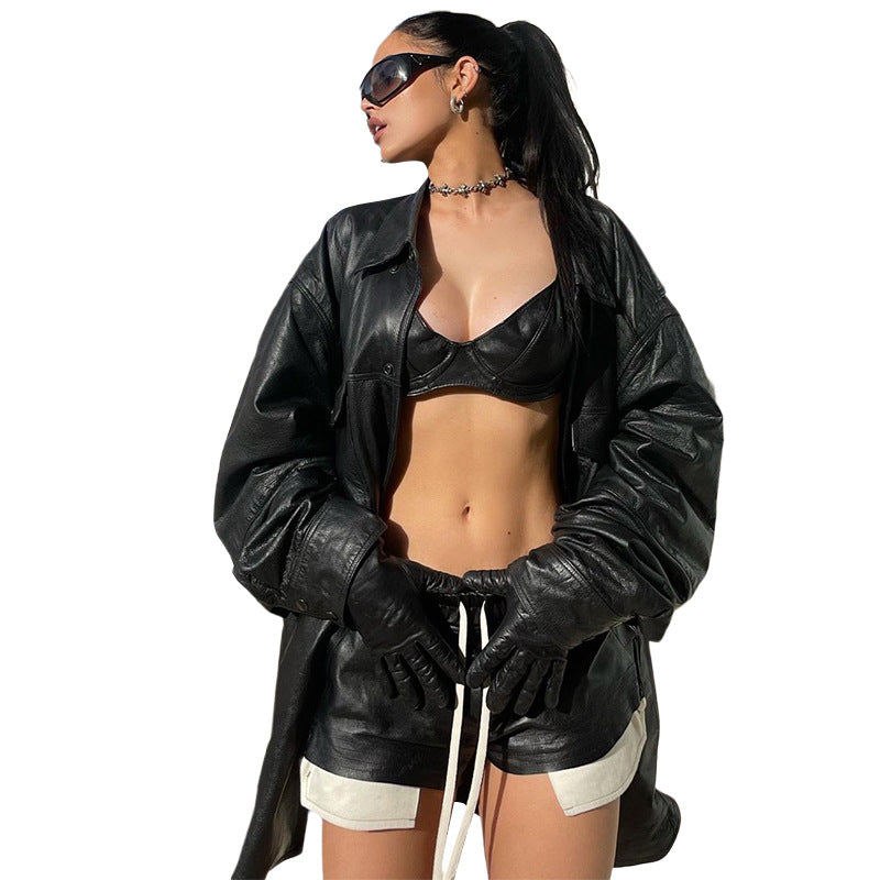 Faux Leather Tied High Waist Sheath Tight Casual Shorts