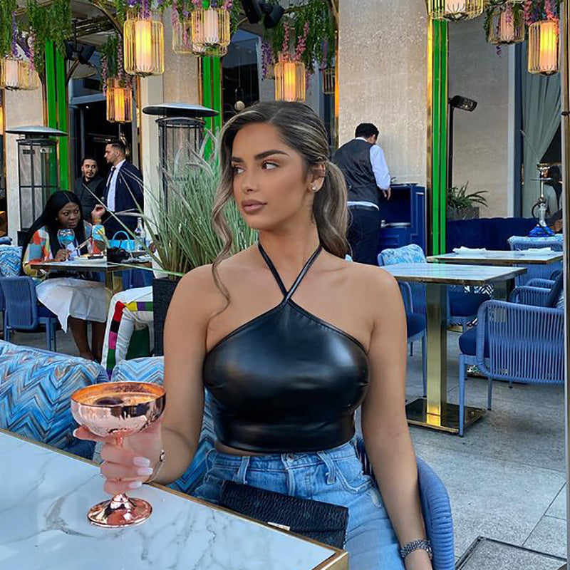 Faux Leather Tight Elastic Strap Tube Top Wrapped Chest Leather Sexy Top