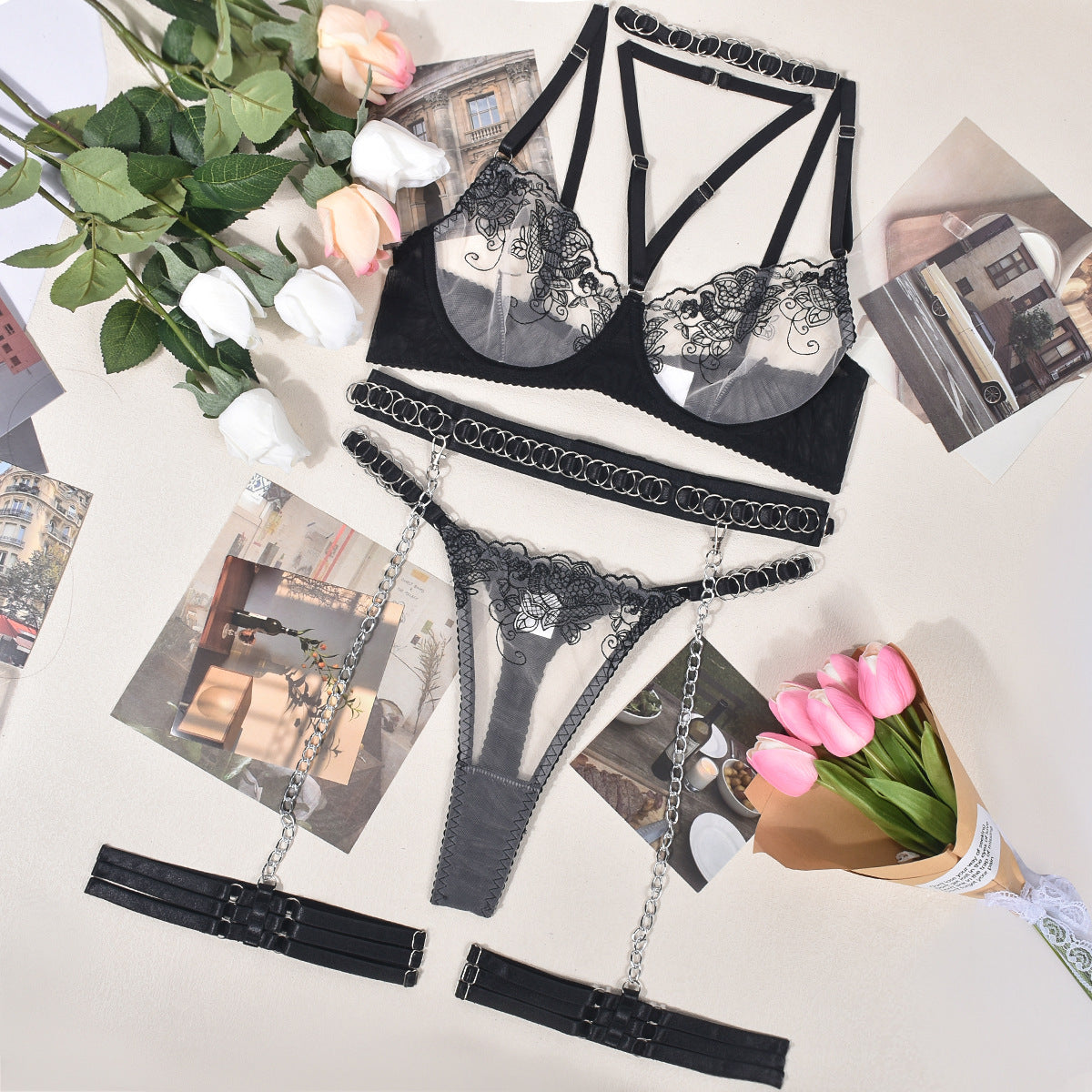 Sexy Metal Chain Lingerie ,Heavily Crafted Embroidered Five Piece Set