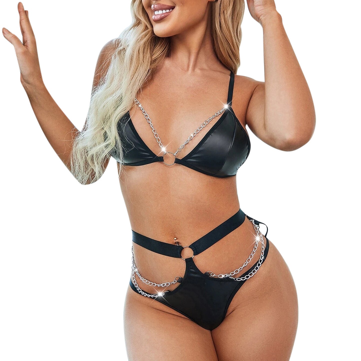 Sexy Patent Leather Strap Three Point Split Suit
