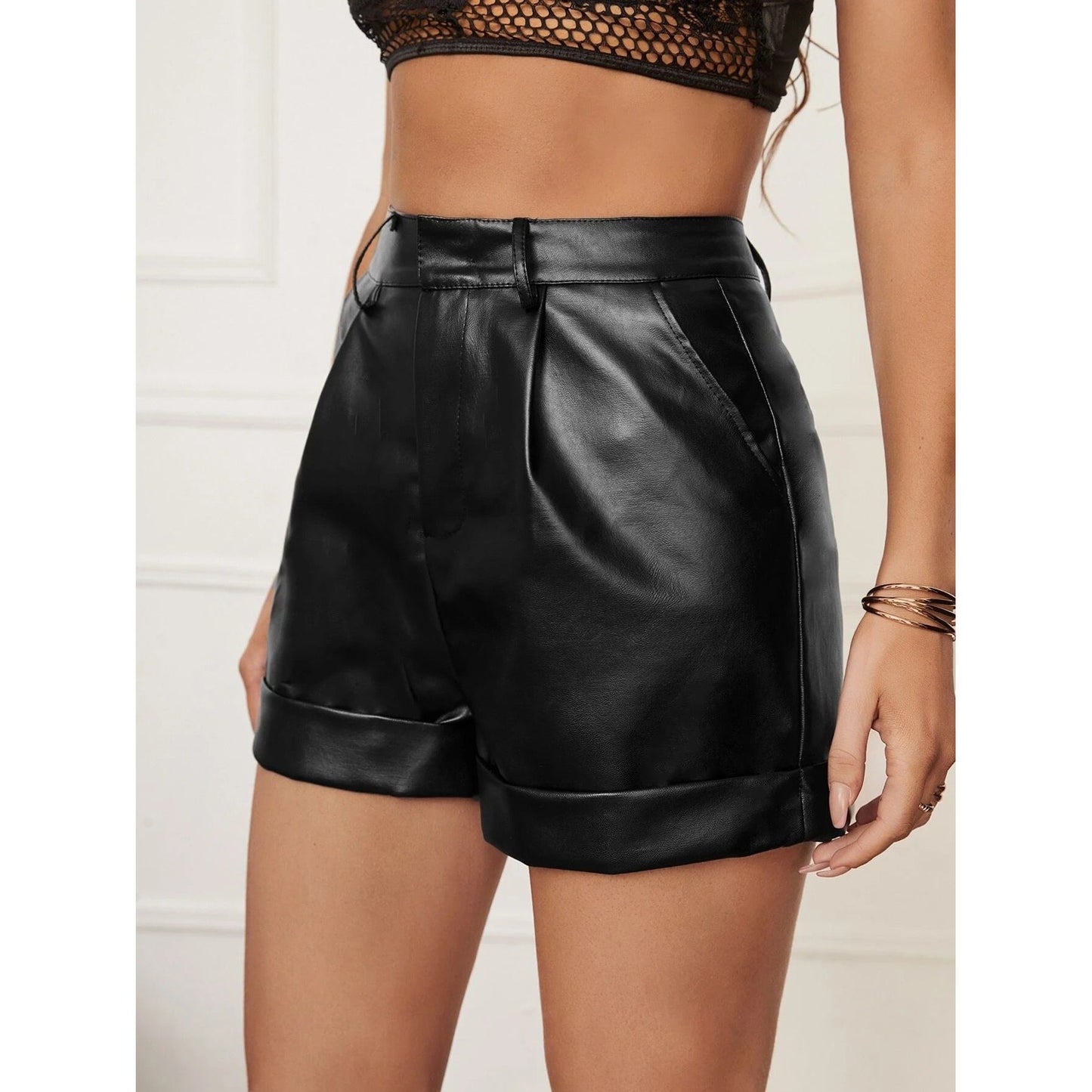 Faux Leather High Roll Pleated Casual Hip-Wrapped Shorts