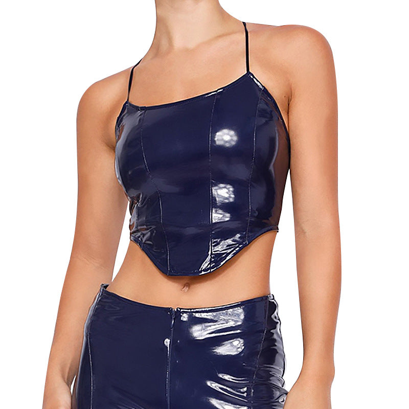 Sexy Solid Color Cropped Backless Faux Leather Top