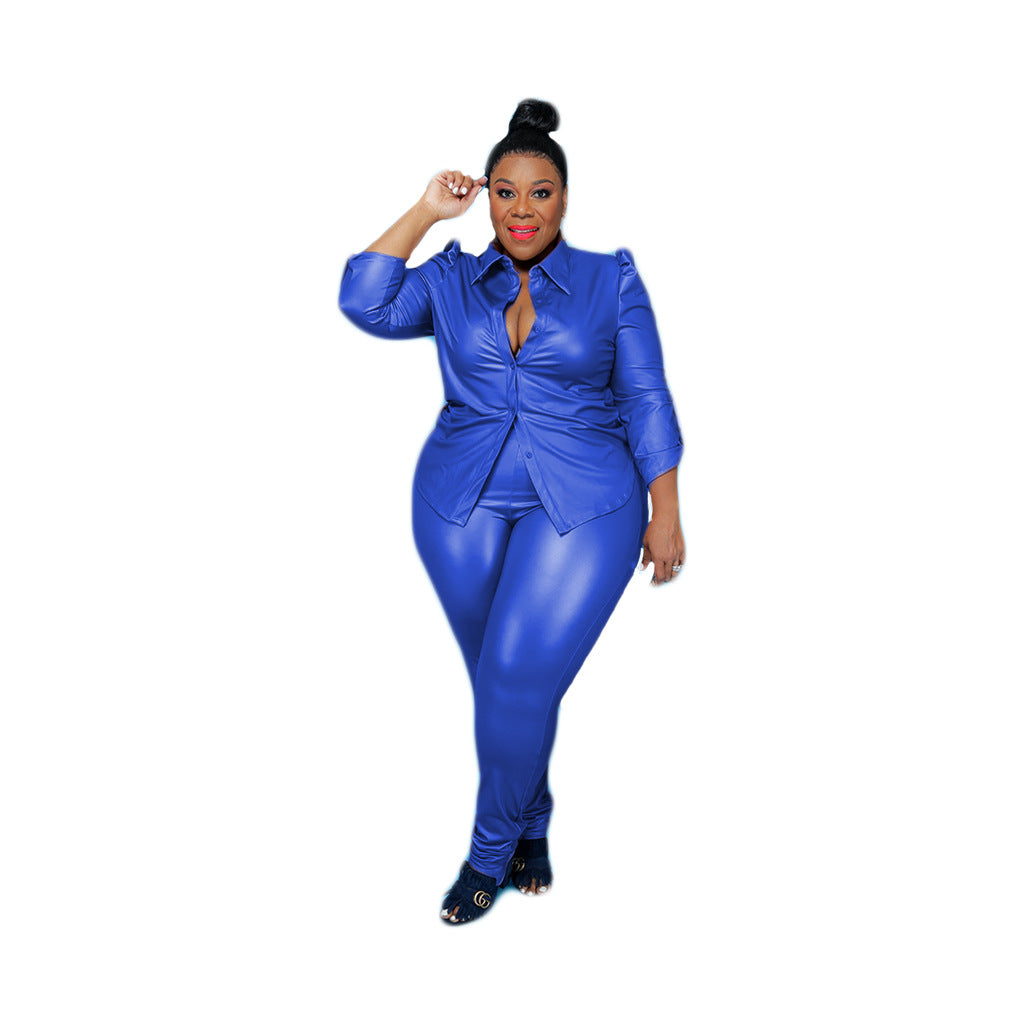 Plus Size Solid Color Leather Sexy Two-Piece Suit