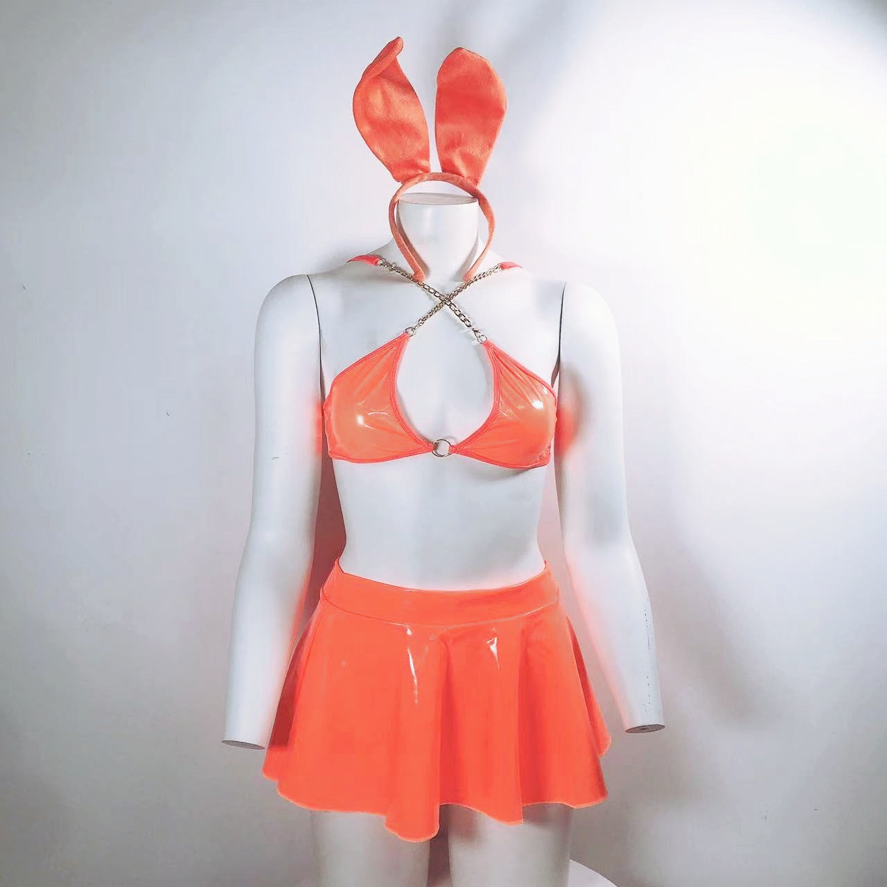 Sexy Lingerie Patent Leather Rabbit Ear Headband W/ Sexy Metal Chain Bra