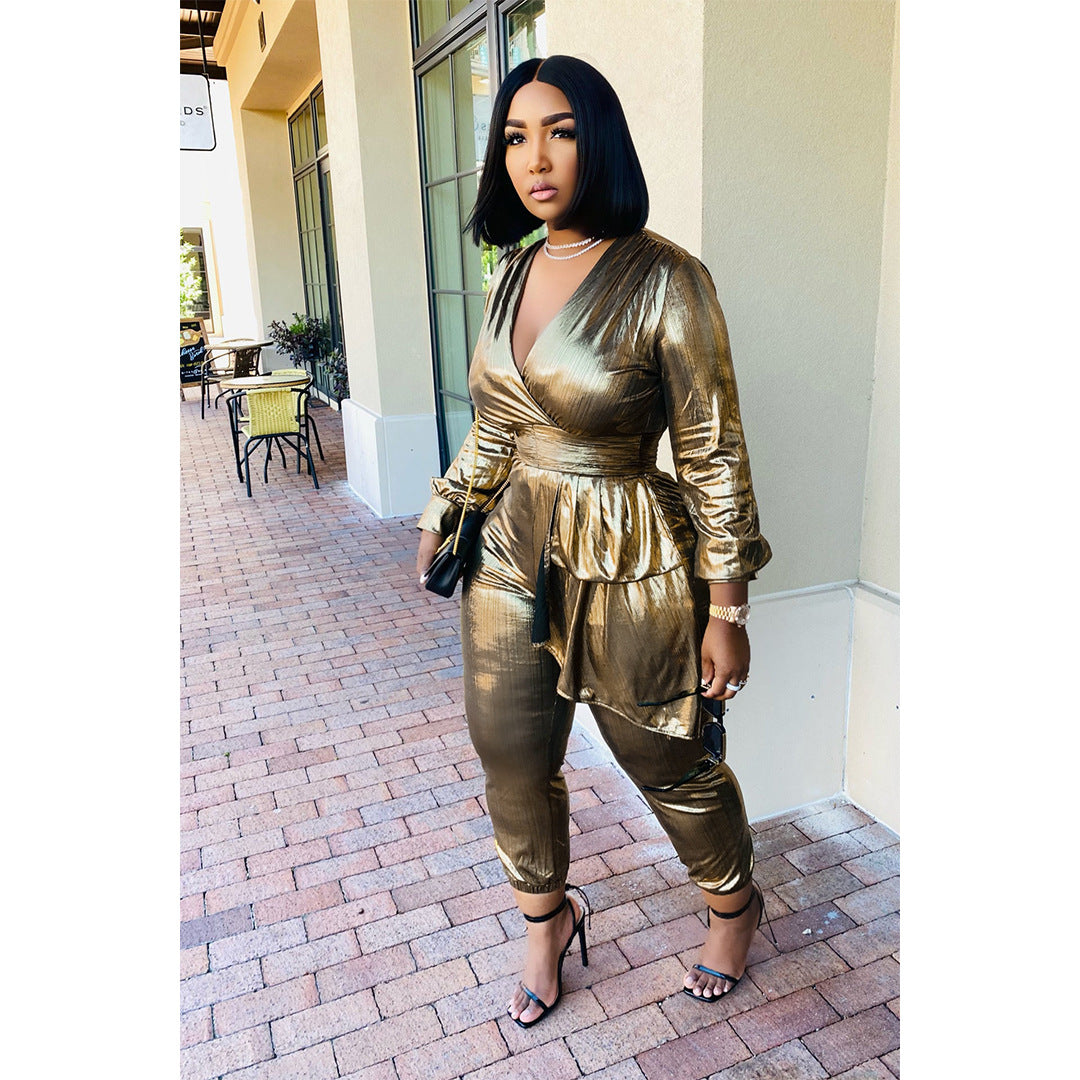 Bronzing Sunken Stripe Pleated Zipper V neck Jumpsuit