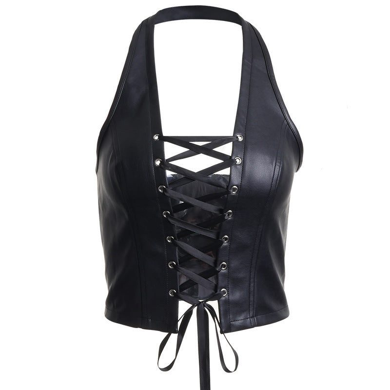 Sexy Strappy Cropped Faux Leather Criss Cross Halter Vest