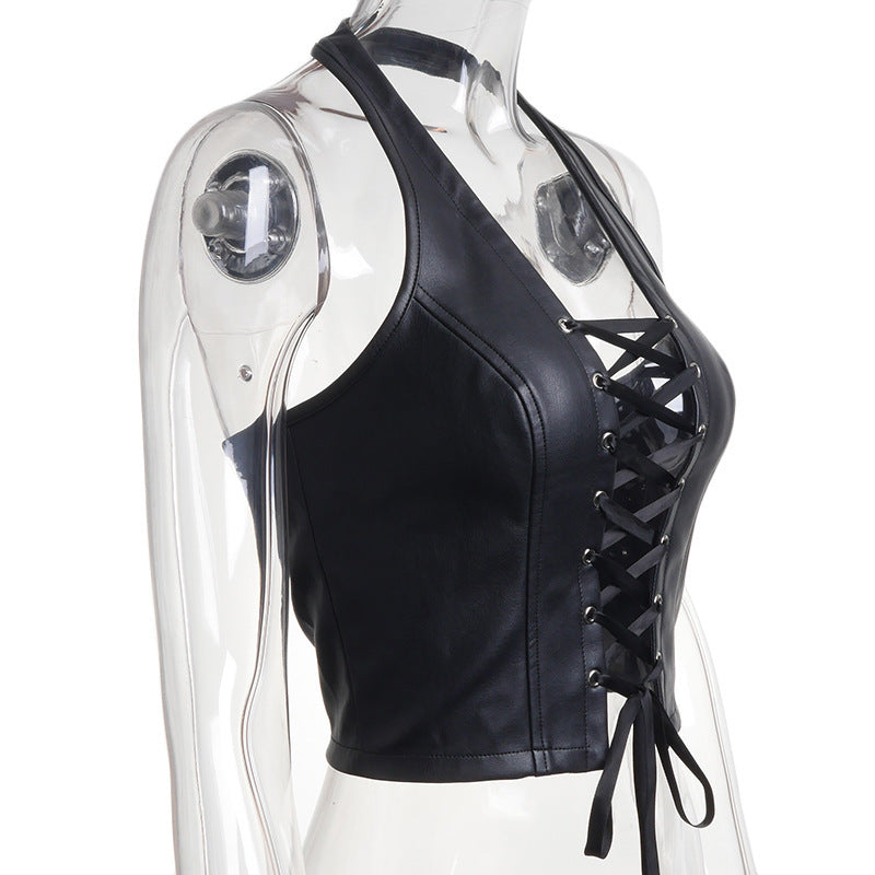 Sexy Strappy Cropped Faux Leather Criss Cross Halter Vest