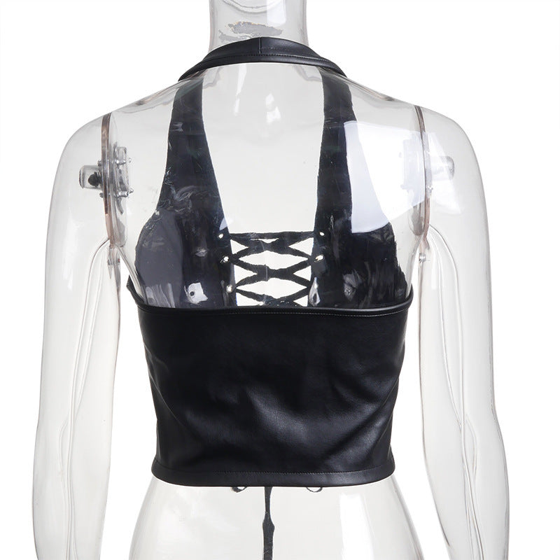 Sexy Strappy Cropped Faux Leather Criss Cross Halter Vest