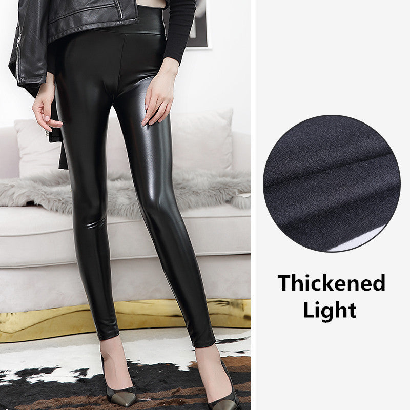 High Waist Bright Faux Leather Leggings High Elastic Fleece Lined Cropped Pants