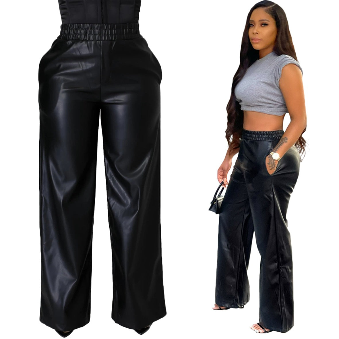 Solid Color Loose Wide Leg Pocket Faux Leather Pants