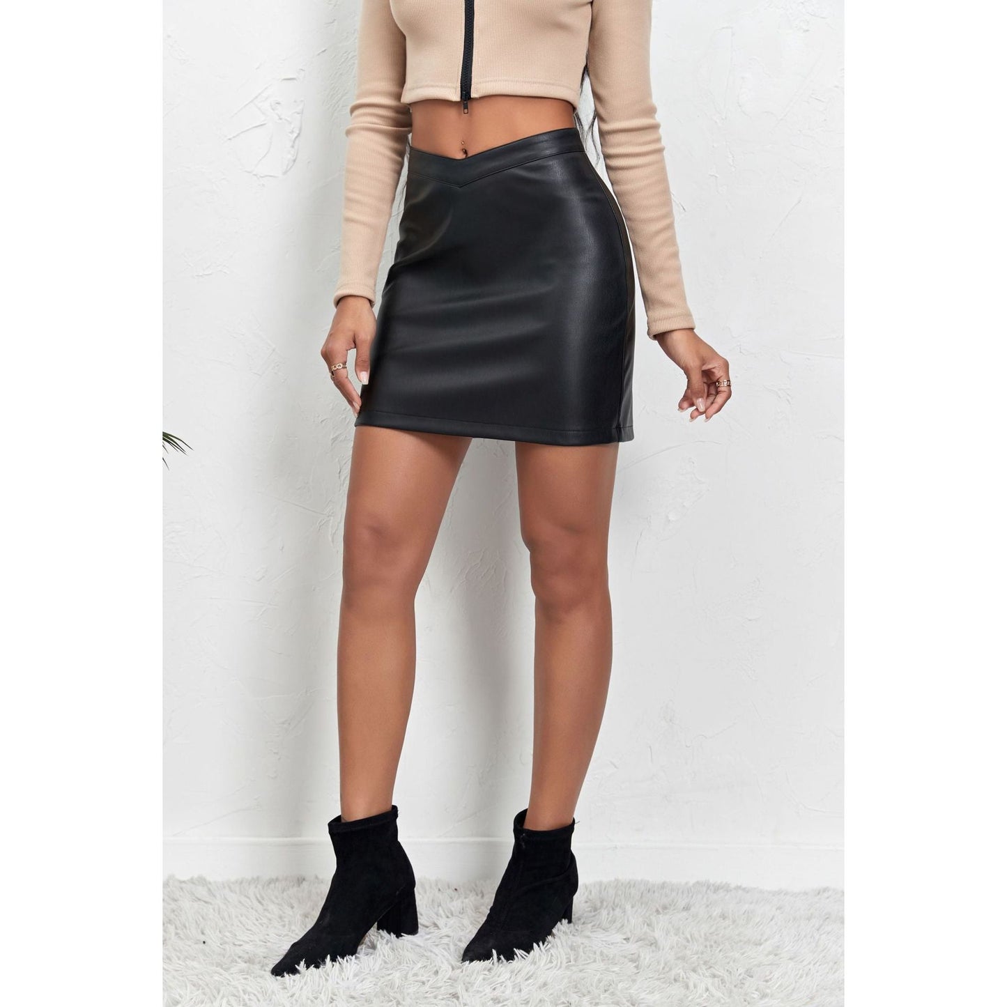 V Waist Cropped Zipper Leather Skirt Skirt