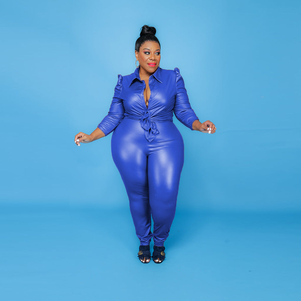 Plus Size Solid Color Leather Sexy Two-Piece Suit