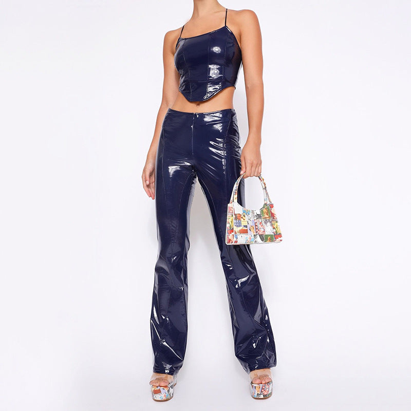 Sexy Solid Color Cropped Backless Faux Leather Top