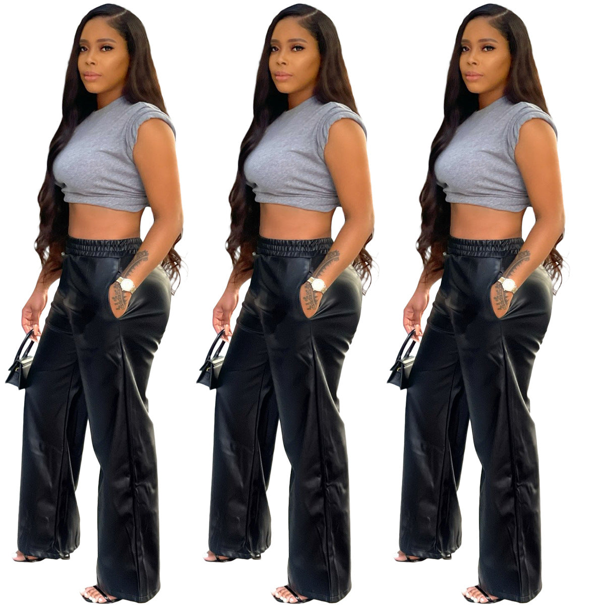 Solid Color Loose Wide Leg Pocket Faux Leather Pants