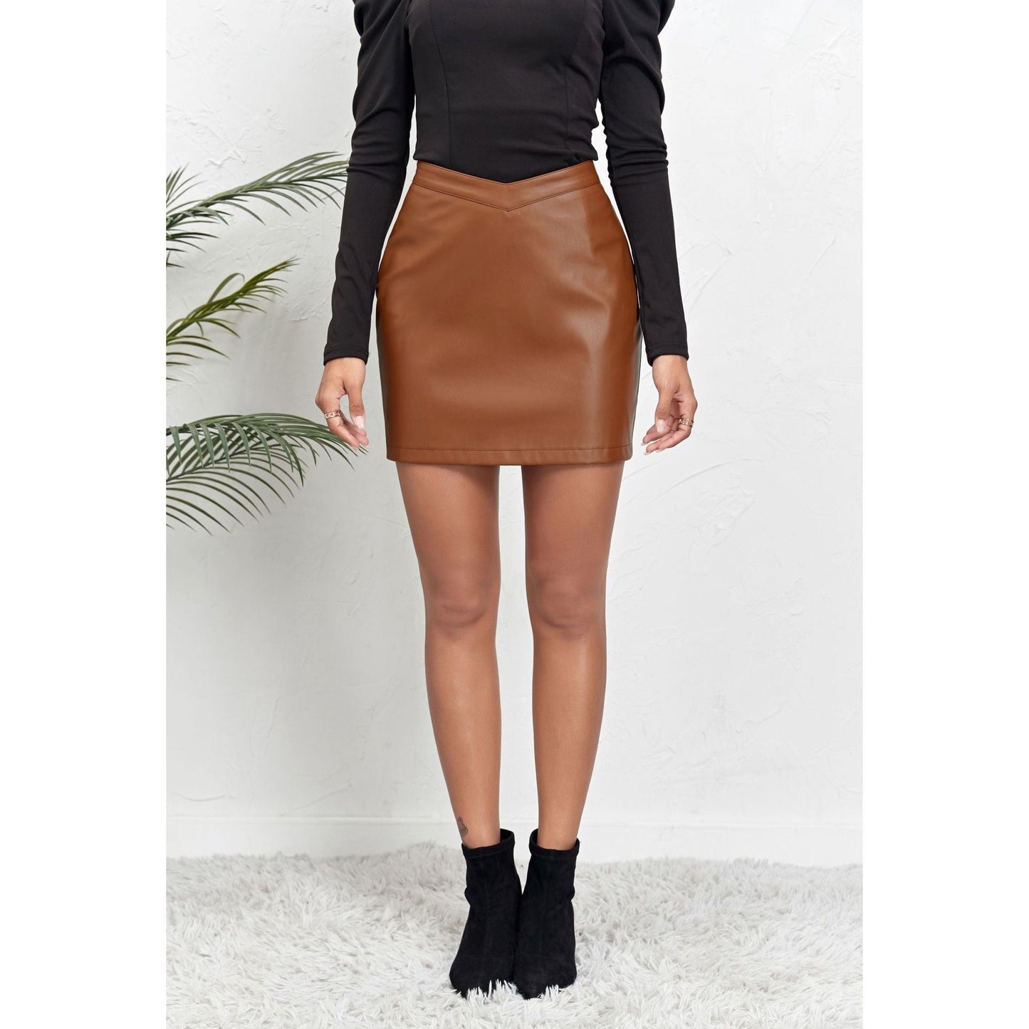 V Waist Cropped Zipper Leather Skirt Skirt
