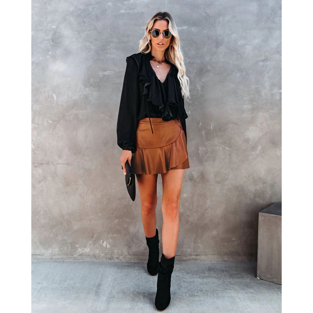 High Waist Ruffle Irregular Asymmetric Sexy Faux Leather Skirt