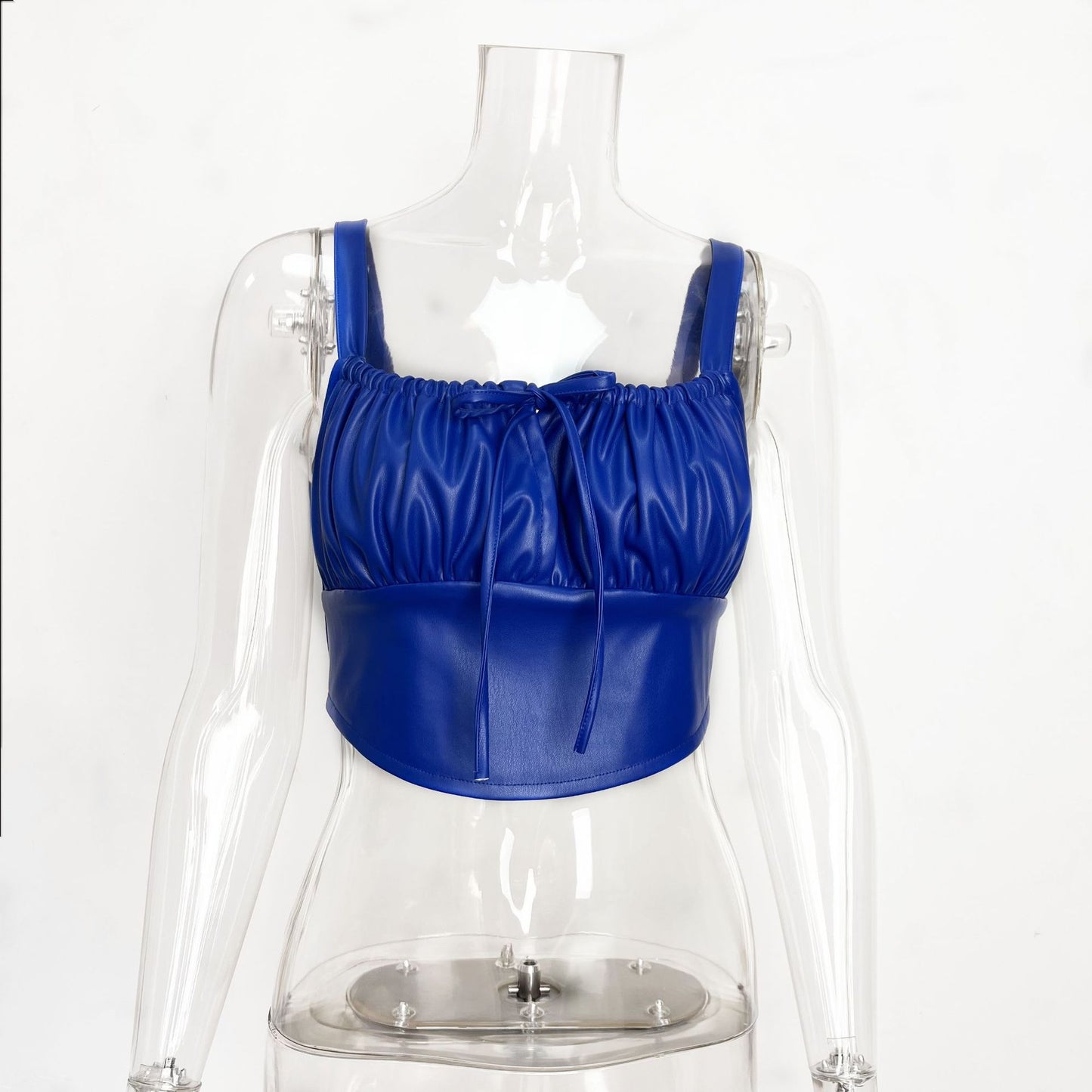 Sexy Leather Faux Leather Pleated Tube Top Square Collar w/ Slimming Sling