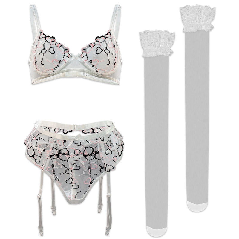 Sexy Three Point Heart Shape Embroidered Thin Lace Set