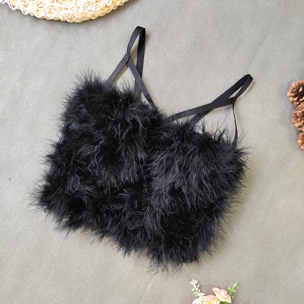 Ostrich Feather Stitching Leather Spaghetti Straps Elegant Faux Leather Feather Tube Top Vest