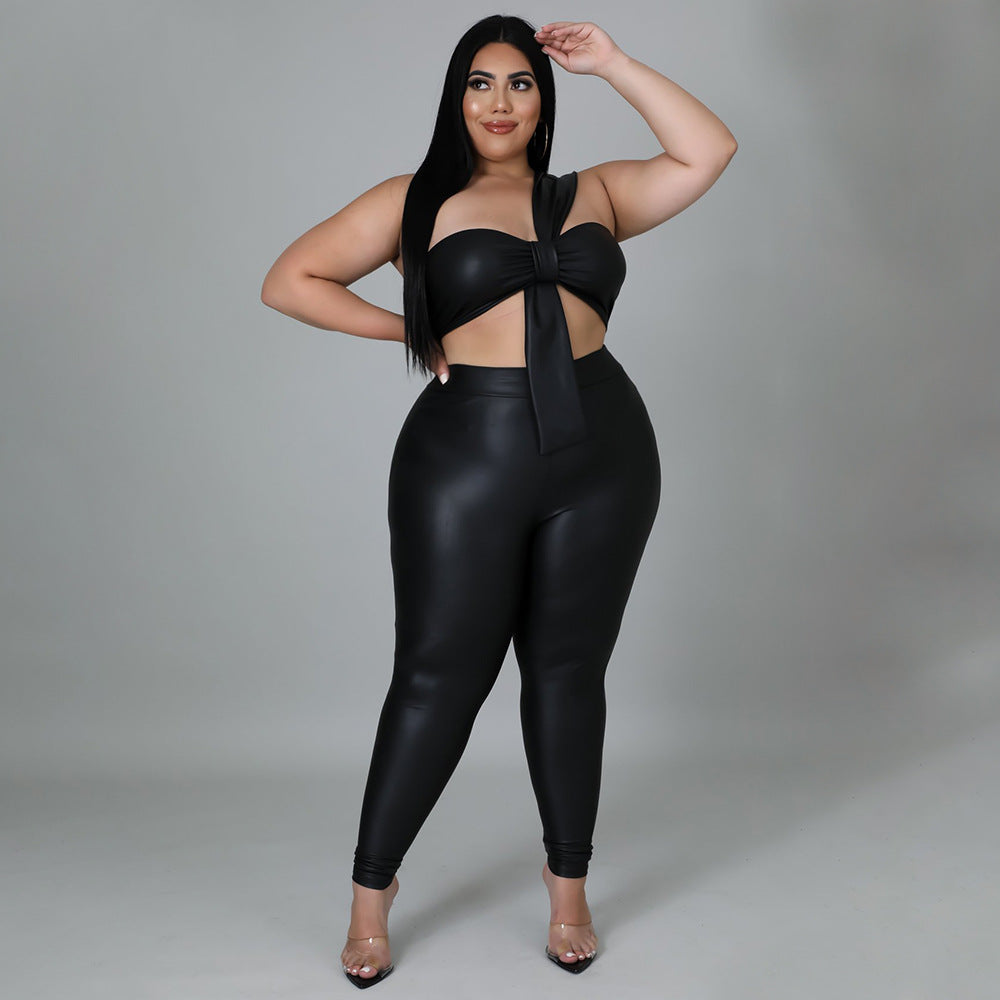 Plus Size High Elastic Leather Skinny Hip Lift Sexy Two-Piece Suit
