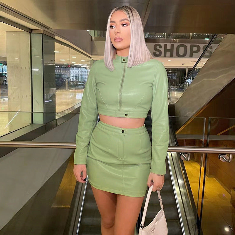 Long Sleeve Cropped Faux Leather Coat and Skirt