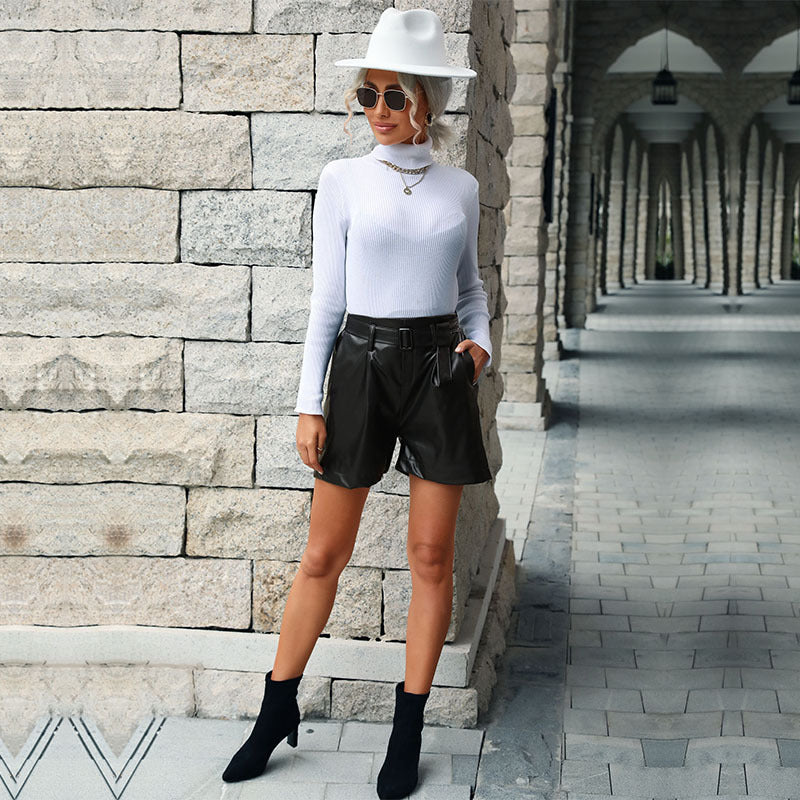 Street Faux Leather Black Wide Leg Shorts