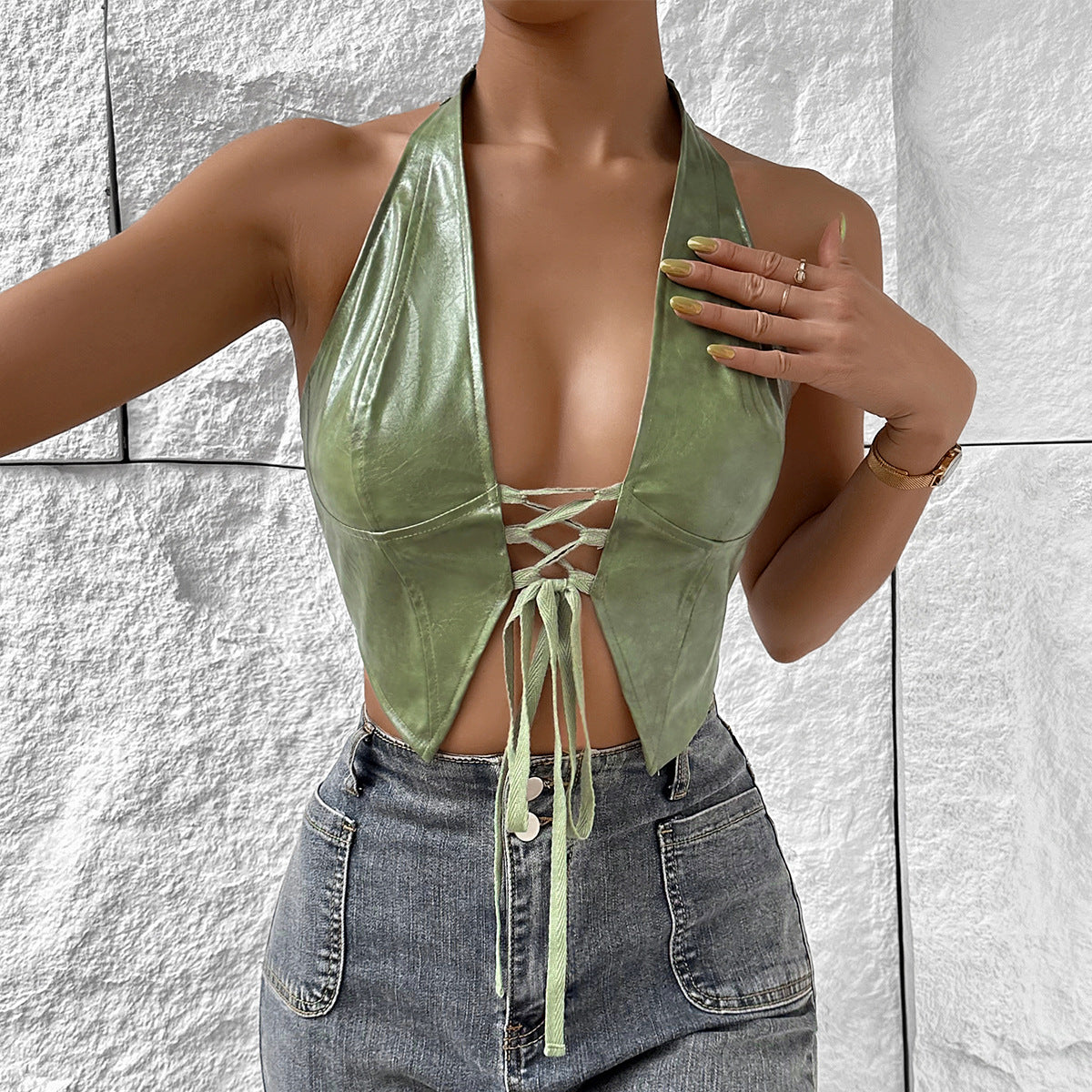 Sexy Low Cut Cardigan Solid Color Halter Faux Leather Lace up