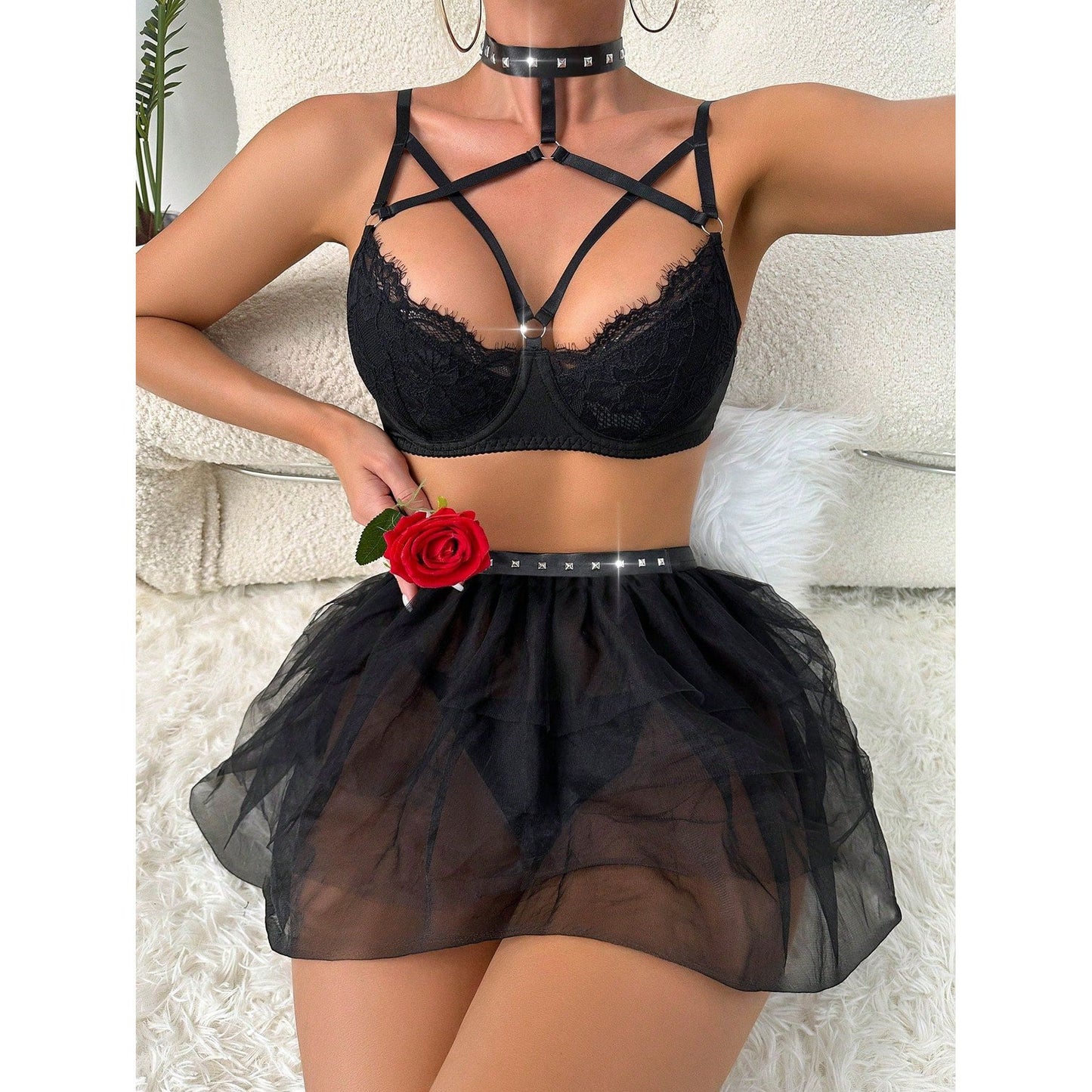 Sexy Bra Lingerie Set Solid Color Mesh Apron