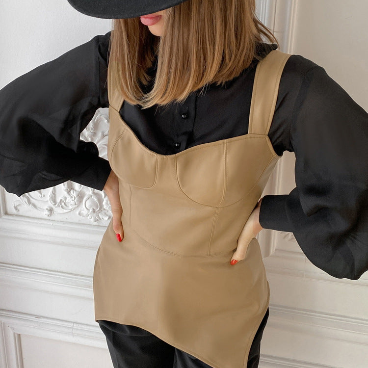 Niche Street Style Design Solid Color Faux Leather Strappy Tube Top