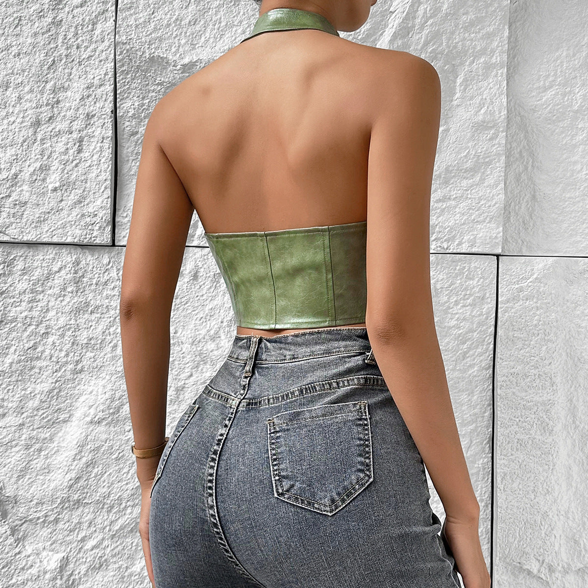 Sexy Low Cut Cardigan Solid Color Halter Faux Leather Lace up