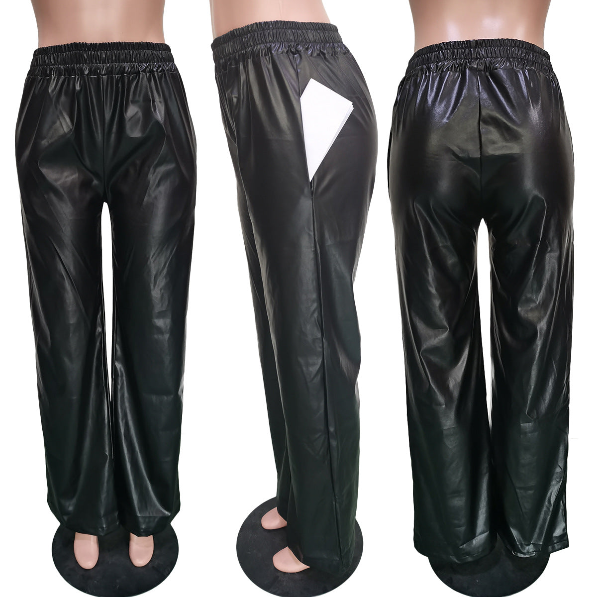 Solid Color Loose Wide Leg Pocket Faux Leather Pants
