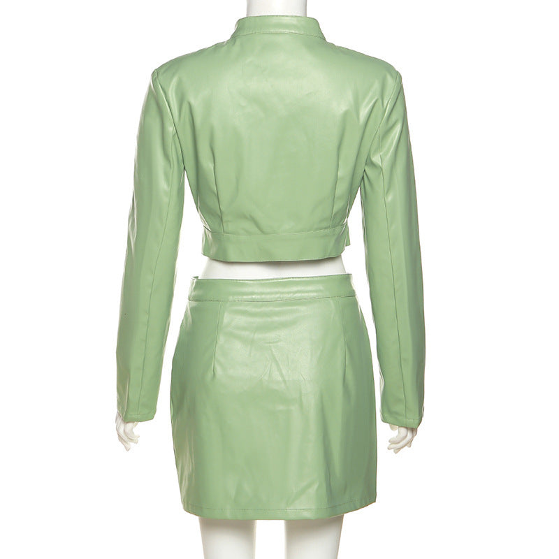 Long Sleeve Cropped Faux Leather Coat and Skirt