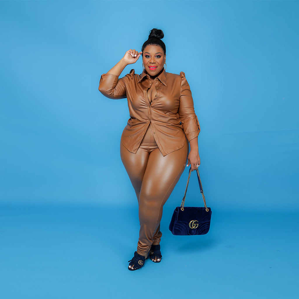 Plus Size Solid Color Leather Sexy Two-Piece Suit