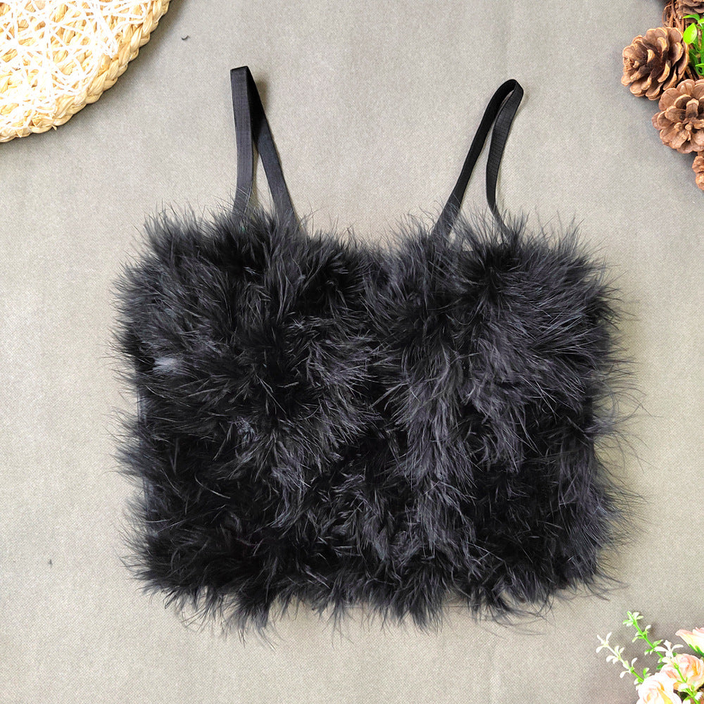 Ostrich Feather Stitching Leather Spaghetti Straps Elegant Faux Leather Feather Tube Top Vest