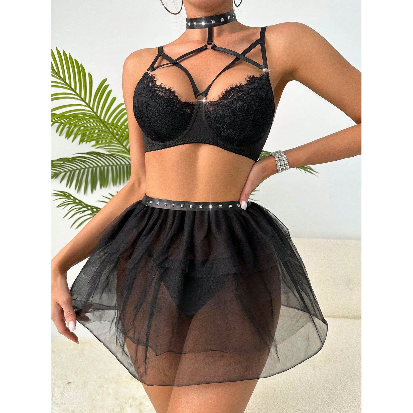 Sexy Bra Lingerie Set Solid Color Mesh Apron