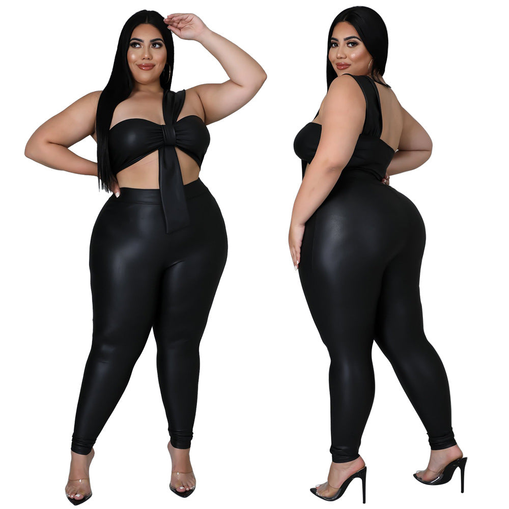Plus Size High Elastic Leather Skinny Hip Lift Sexy Two-Piece Suit