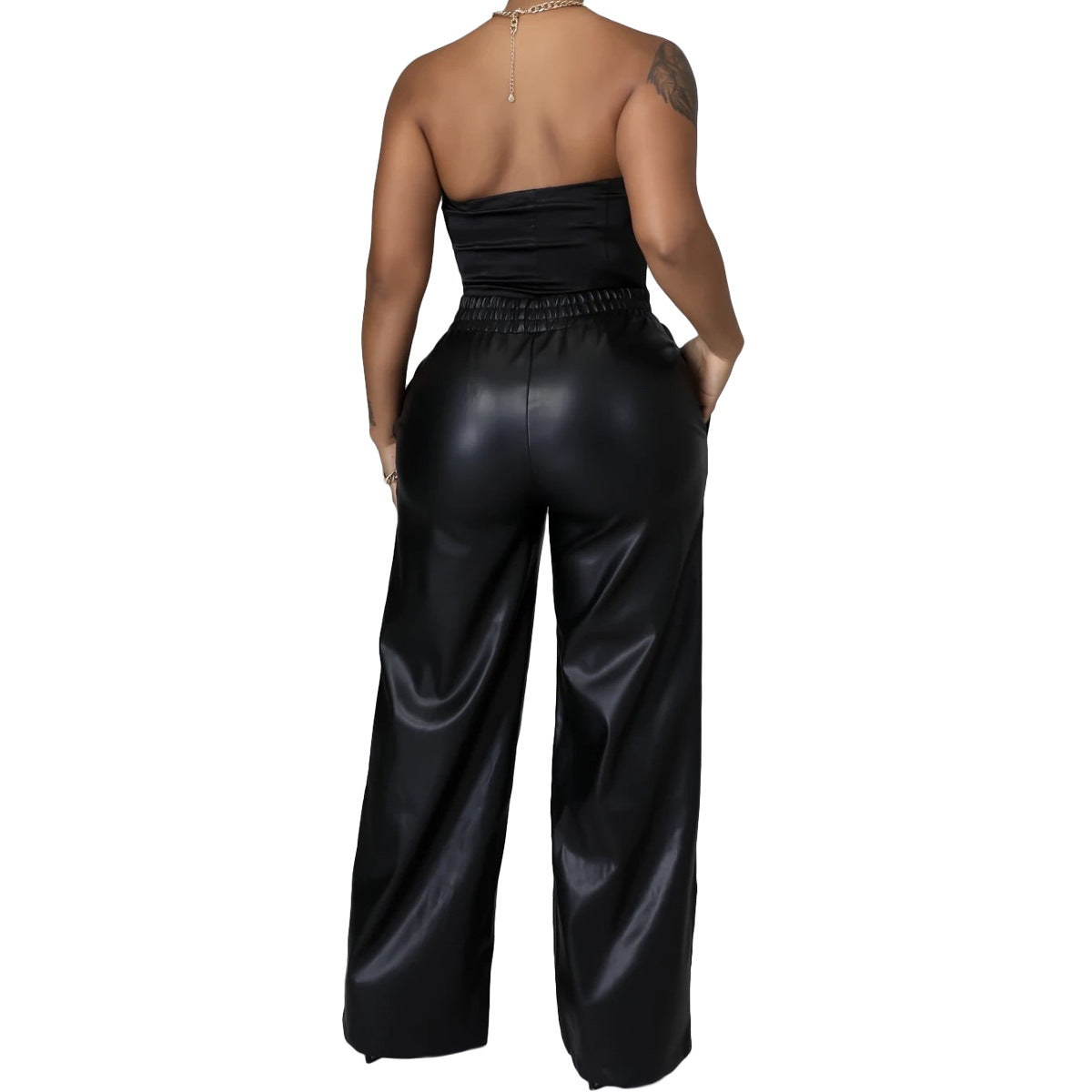 Solid Color Loose Wide Leg Pocket Faux Leather Pants