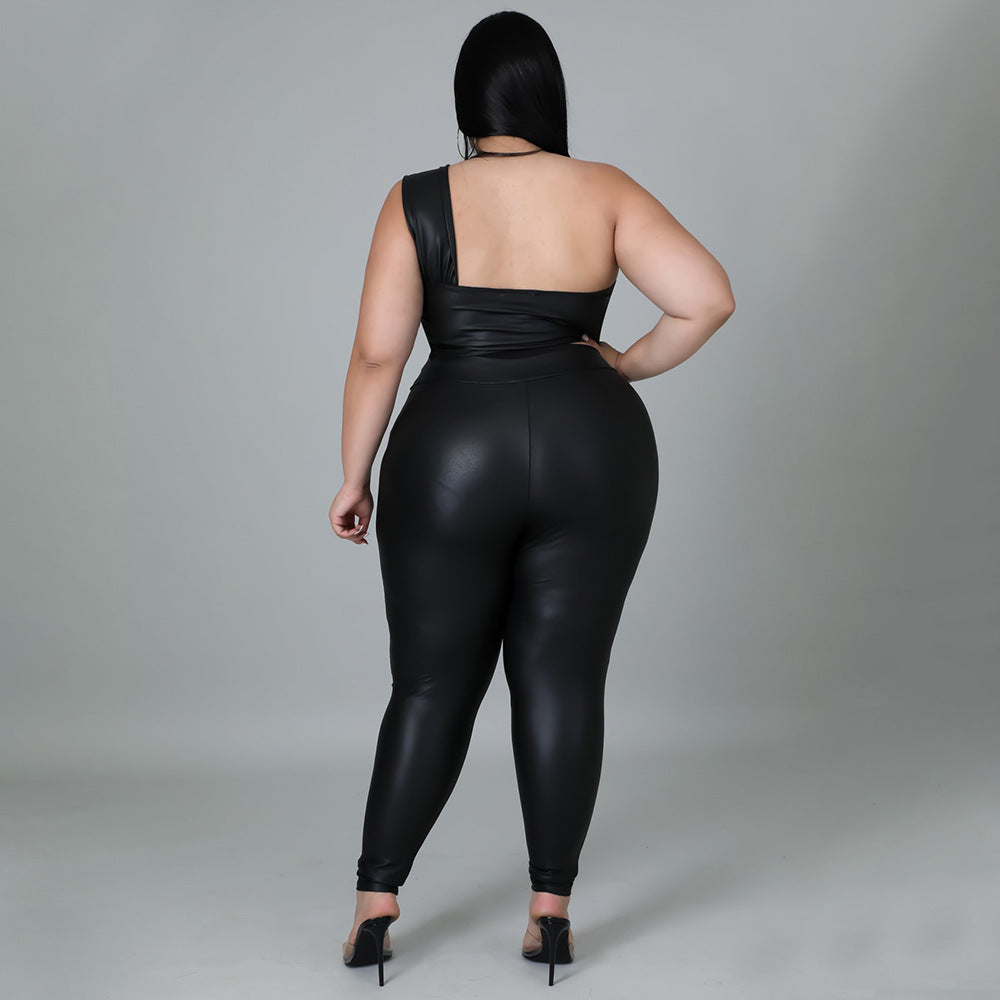 Plus Size High Elastic Leather Skinny Hip Lift Sexy Two-Piece Suit