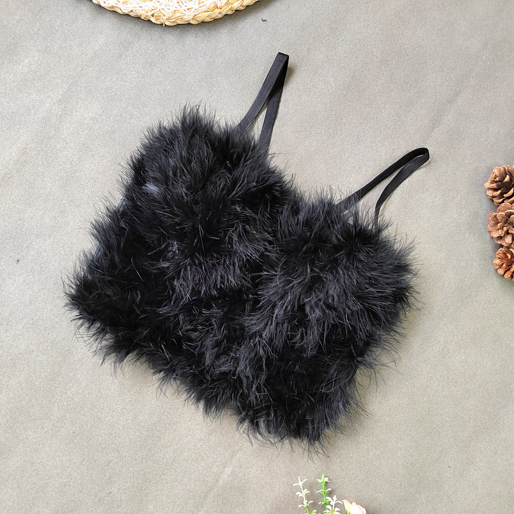Ostrich Feather Stitching Leather Spaghetti Straps Elegant Faux Leather Feather Tube Top Vest