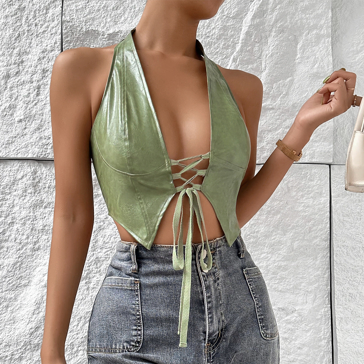 Sexy Low Cut Cardigan Solid Color Halter Faux Leather Lace up
