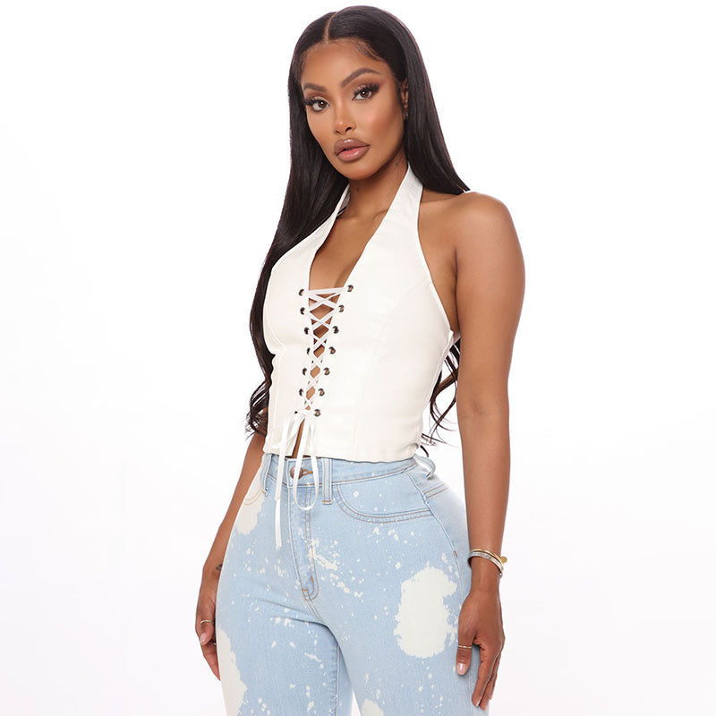 Sexy Strappy Cropped Faux Leather Criss Cross Halter Vest