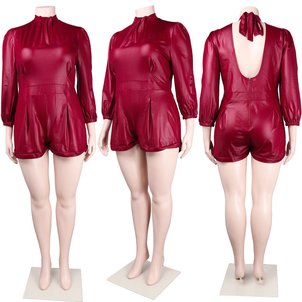 Plus Size Long Sleeve Hollow-out Lace-up Zipper Jumpsuit