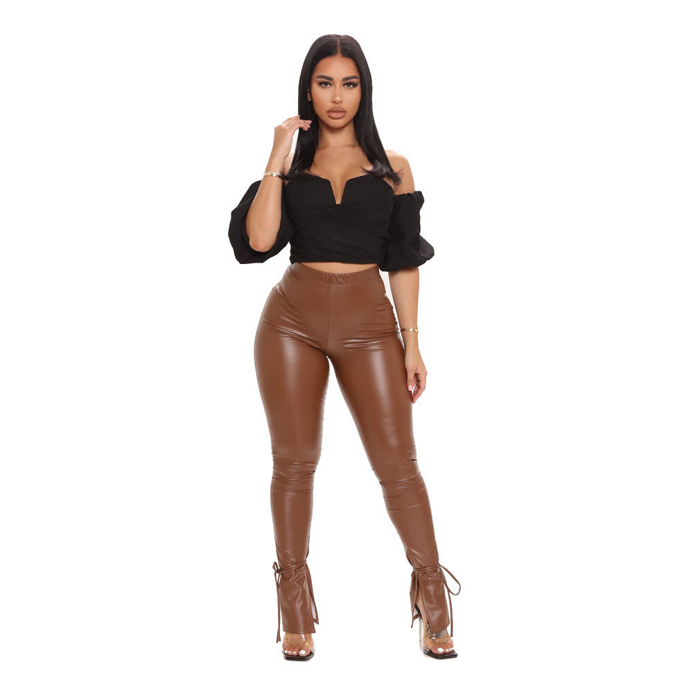 Tight High Elastic Flared Side Slit Faux Leather Trousers