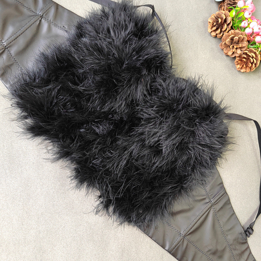 Ostrich Feather Stitching Leather Spaghetti Straps Elegant Faux Leather Feather Tube Top Vest
