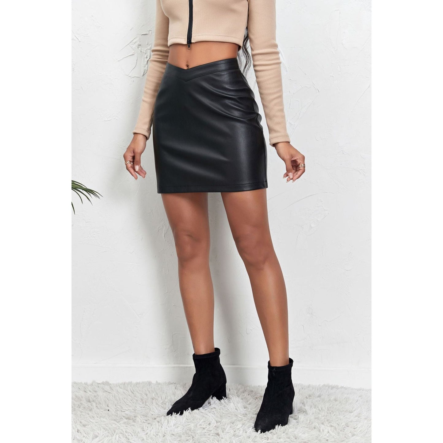 V Waist Cropped Zipper Leather Skirt Skirt