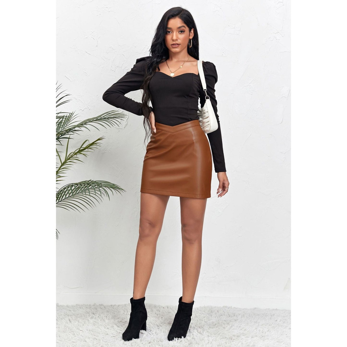 V Waist Cropped Zipper Leather Skirt Skirt