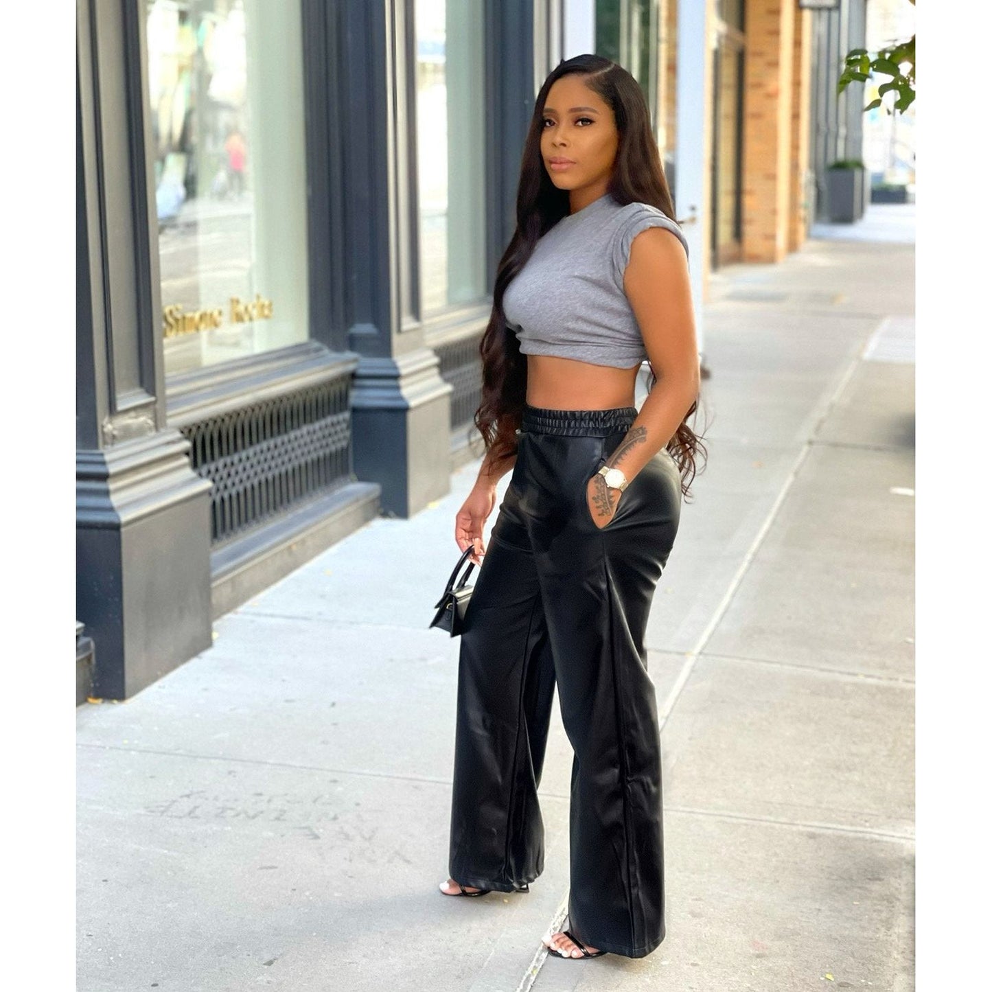 Solid Color Loose Wide Leg Pocket Faux Leather Pants