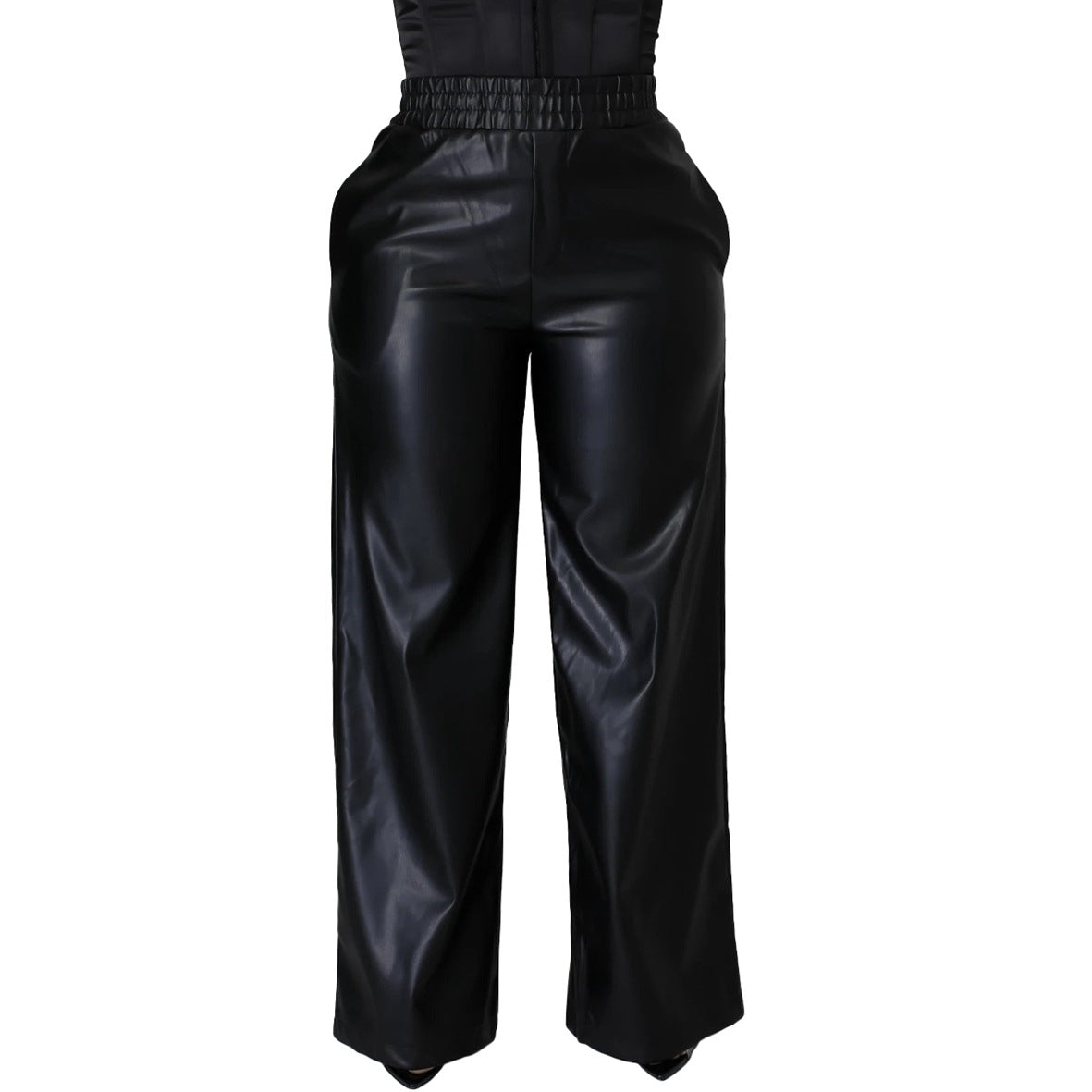 Solid Color Loose Wide Leg Pocket Faux Leather Pants