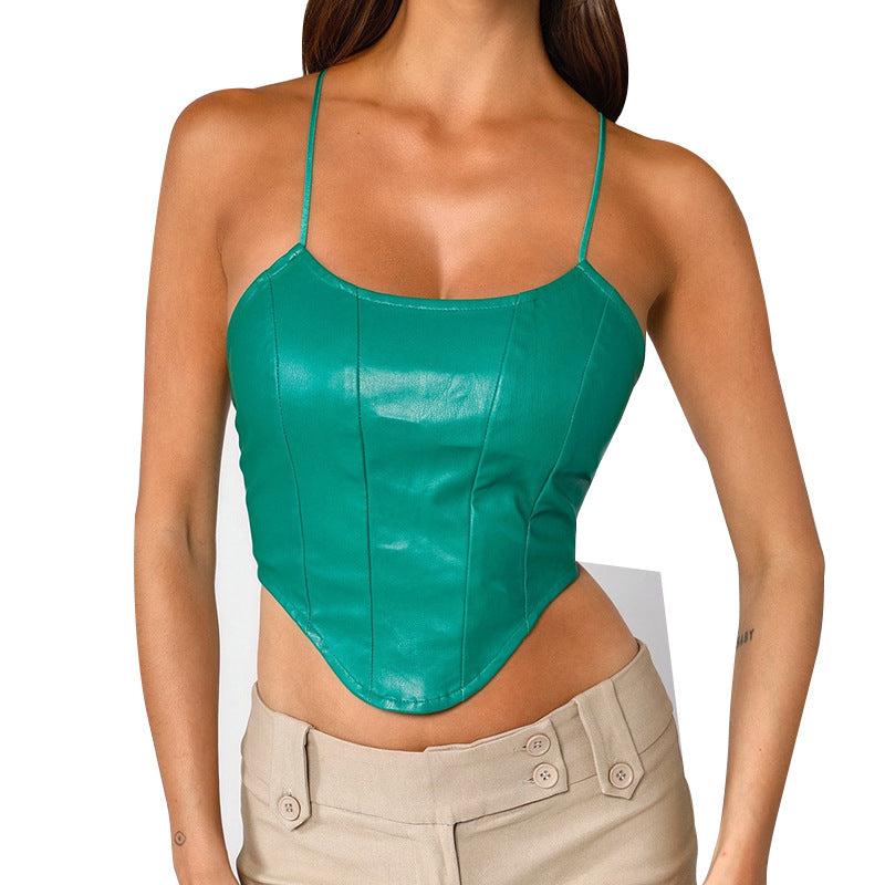 Sexy Solid Color Cropped Backless Faux Leather Top