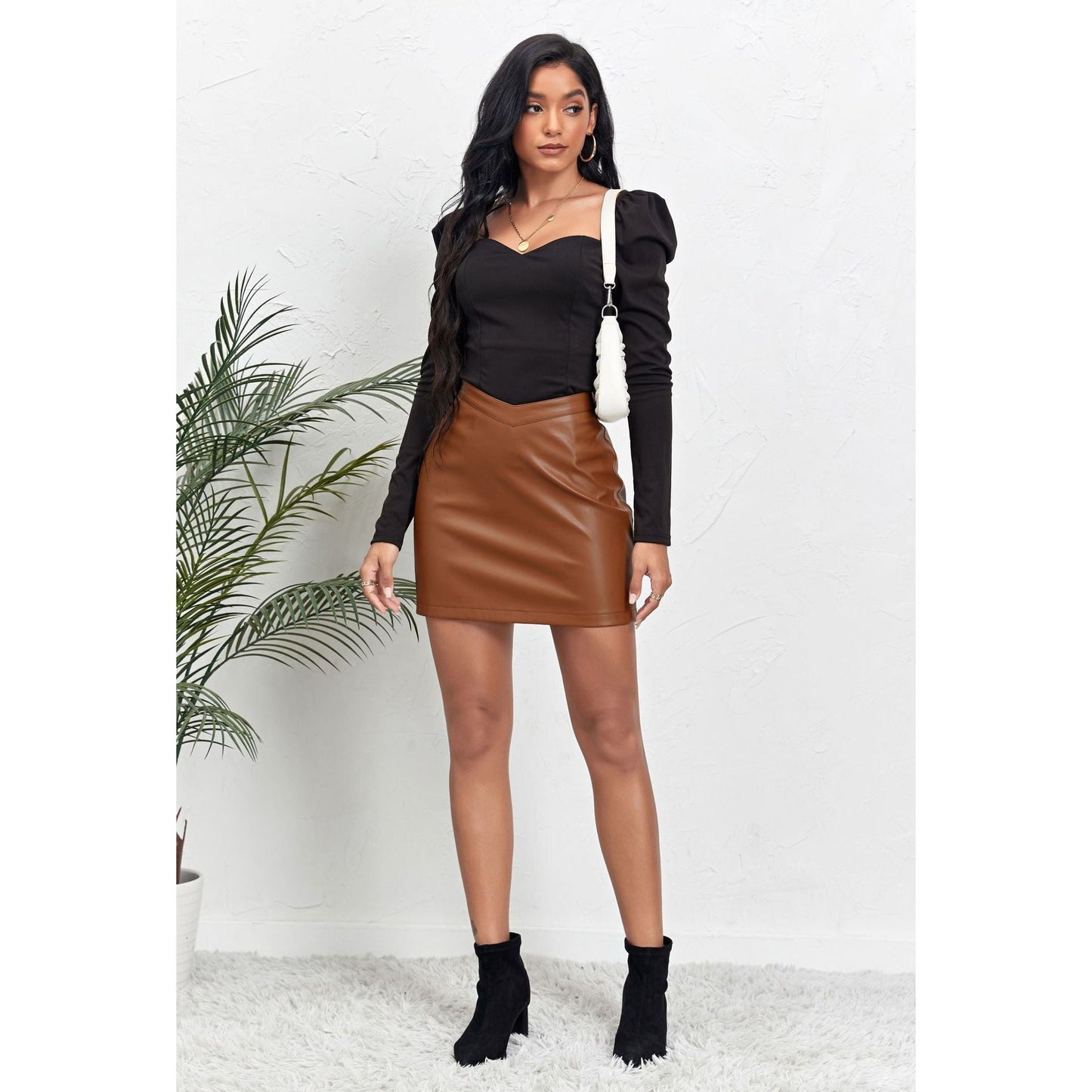 V Waist Cropped Zipper Leather Skirt Skirt